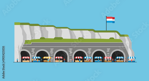 Illustration of small shops in arched alcoves of a cliffside fortification