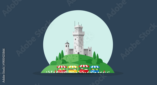 Illustration of a medieval castle on a hill with a vibrant market fair below