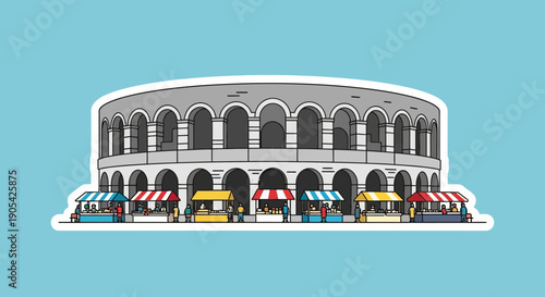 Illustration of an ancient Roman amphitheater with a lively street market