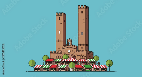 Stylized flat vector illustration of the Two Towers in Bologna with a market