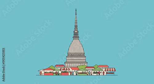 Mole Antonelliana Turin Landmark Illustration on a Bright Blue Sky Background