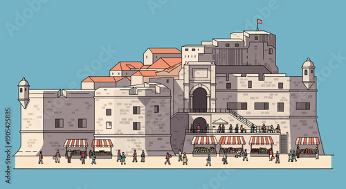 Illustration of a fortified European city with a bustling market and people