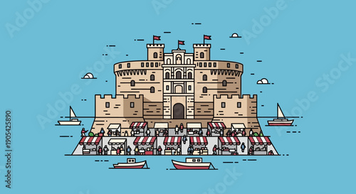 Flat line art of a coastal castle with a historic seaside marketplace concept