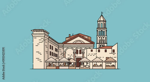 Line art vector illustration of a historic European landmark palace and square
