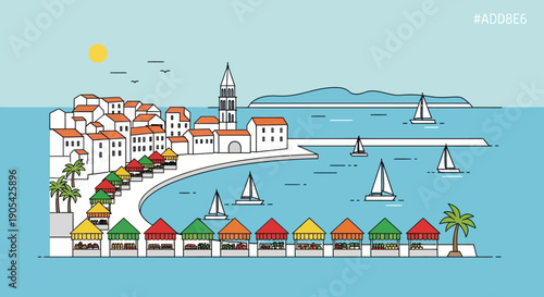 Seaside town with a waterfront market and sailing boats in the bay