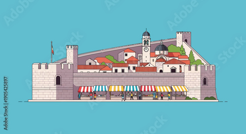 Vector art concept of a historic medieval fortress town with a bustling market