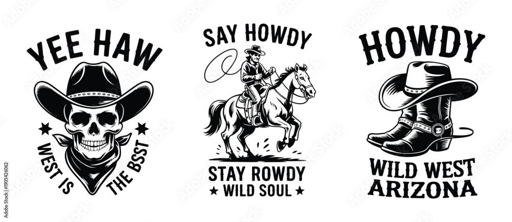 Obraz premium Western Style Vintage Vector Set with Cowboy Skull, Rodeo Rider and Cowboy Boots, Retro Wild West Illustration for T Shirt Design and Posters