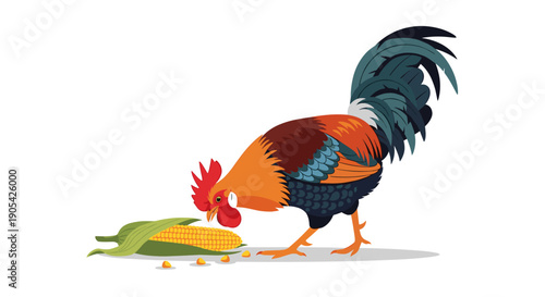 Colorful rooster with vibrant feathers pecking at an ear of corn on the ground, farm animal illustration in a detailed vector style.
