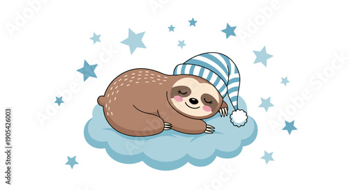 Adorable sloth wearing a blue striped nightcap and sleeping soundly on a soft blue cloud surrounded by stars in the night sky.