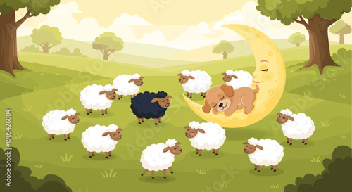 Peaceful night scene with a cute puppy sleeping on a crescent moon surrounded by a flock of white sheep in a green meadow.