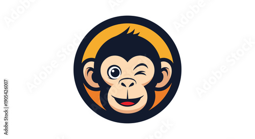 Round logo design featuring a winking monkey face with an orange background, modern and playful animal character icon for branding.