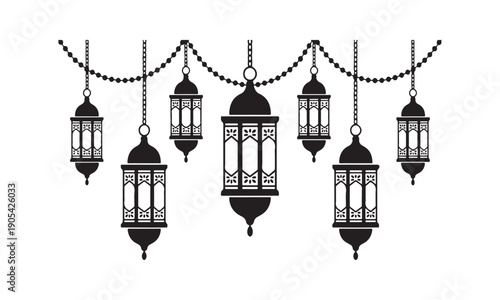 Silhouette illustration of hanging decorative Ramadan lanterns with intricate patterns and bead chains