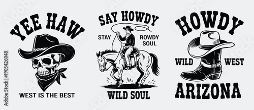Western Style Vintage Vector Set with Cowboy Skull, Rodeo Rider and Cowboy Boots, Retro Wild West Illustration for T Shirt Design and Posters