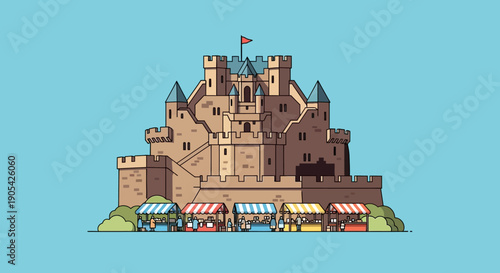 Stylized medieval fortress with a "vibrant market" at its gates, vector art