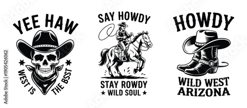 Western Style Vintage Vector Set with Cowboy Skull, Rodeo Rider and Cowboy Boots, Retro Wild West Illustration for T Shirt Design and Posters