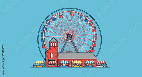 Ferris Wheel Amusement Park with Booths and Clear Blue Sky Background