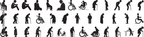 Elderly and senior citizen silhouette icon set showing aging people, walking with cane, wheelchair users and daily activities, black flat vector illustrations isolated on white background