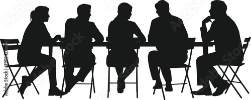 Business meeting silhouette, diverse team discussion around table, corporate teamwork concept, professional people brainstorming in office setting