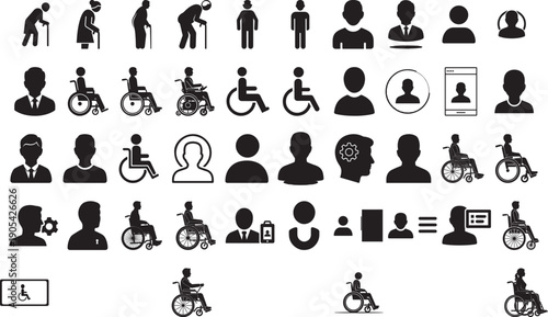 People, elderly and accessibility silhouette icon set showing wheelchair users, senior citizens, profile avatars and human symbols, black flat vector illustrations isolated on white background