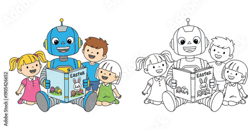 Cartoon robot reading Easter story to happy children, colorful illustration and black and white outline for coloring book, vector isolated on white background