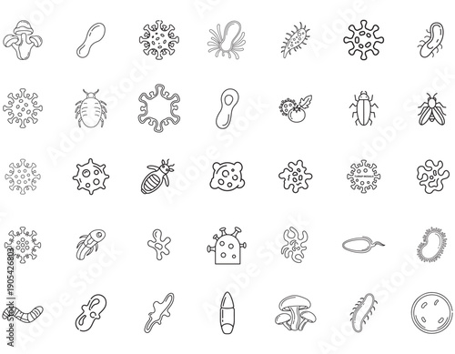 Collection of illustrated bacteria, viruses, and microorganisms icons in a linear style