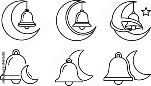 Elegant vector line art icon set depicting charming crescent moons and classic ringing bells, perfect for festive event designs, night-themed apps, or time-related graphic illustrations