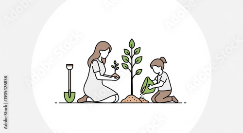 Woman and Child Planting Tree Together in Simple Line Art Style