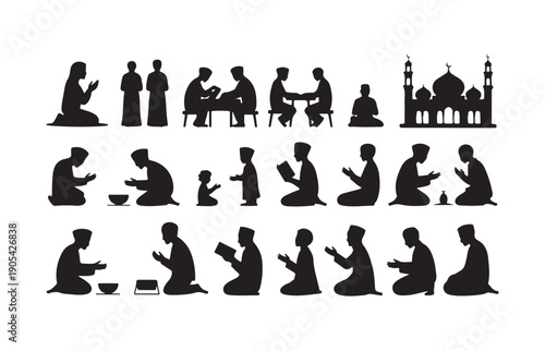Diverse collection of Muslim people silhouettes depicting prayer, reading, and community interactions alongside a mosque