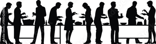 Business people in silhouette at buffet table, serving lunch during corporate office event, food service, teamwork, professional dining scene.