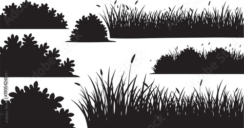 Black silhouettes of various grasses and plants on white