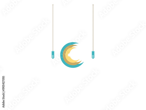 Islamic Ramadan lantern with crescent moon design suspended on strings, symbolizing festive decoration