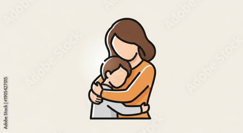 Mother Hugging Baby Tenderly, Cartoon Style, Isolated on White Background