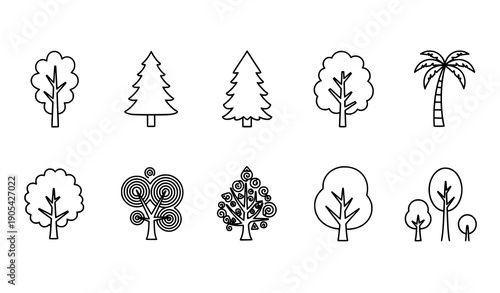 Outline tree icon black vector line art nature set