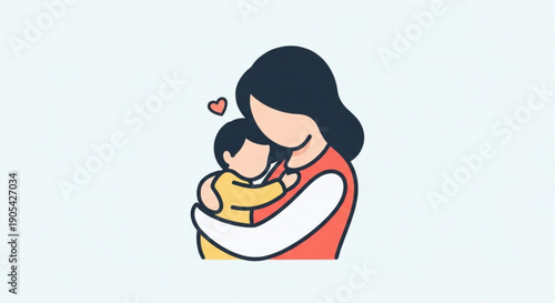 Mother Hugging Baby in Yellow Baby Carrier, Love, Cartoon Style