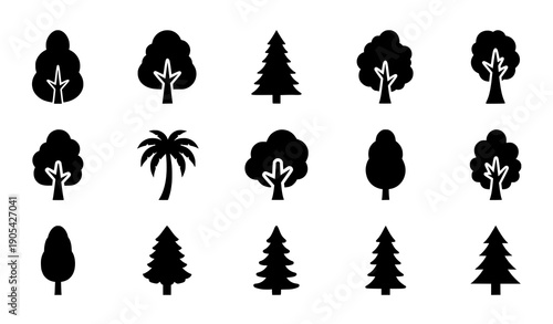 Tree icon silhouette black vector nature forest set