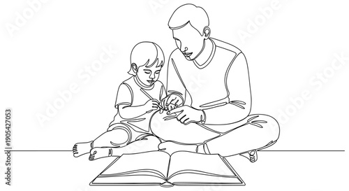 Adult teaching child with open book, minimalist black and white line art illustration of education, learning, guidance, and bonding.