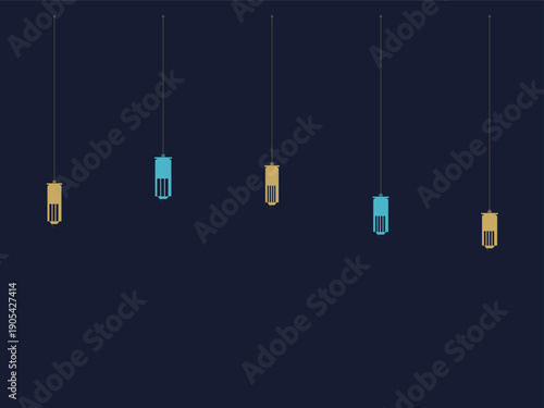 Ramadan-themed lanterns in Islamic style, suspended on strings against a dark textured background, minimalist design