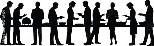 Business professionals at buffet table during corporate lunch, silhouette vector illustration, formal dining event, office gathering, teamwork interaction.
