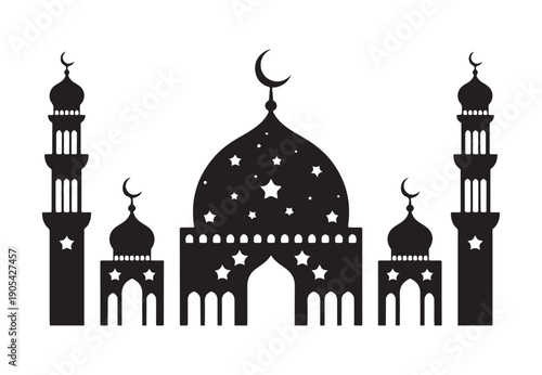 Majestic black silhouette of a mosque with domes, minarets, crescent moons, and stars