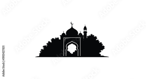 Mosque Silhouette with Dome and Minaret in Islamic Architecture Style