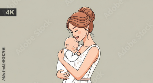 Tender mother holding newborn baby close warm loving embrace soft lighting beige background