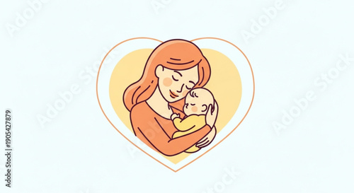 Mother tenderly hugging her baby in a heart shaped frame with warm colors