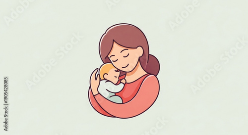 Mother tenderly holding newborn baby in her arms cartoon illustration with soft colors and gentle facial expressions