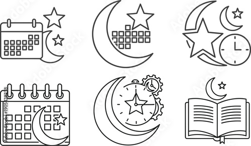 Outline Icon Collection for Islamic Holy Month and Cultural Events, Featuring Crescent Moons, Stars, Calendars, Clocks, and Sacred Reading Material