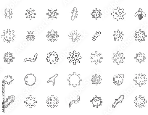 Collection of outlined scientific microorganism icons including bacteria, viruses, and insects