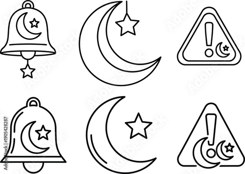 Collection of Islamic cultural icons featuring crescent moon, star, bell, and warning signs in a minimalist outline style