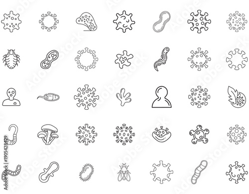 Collection of Various Microorganism and Cell Icons on White Background