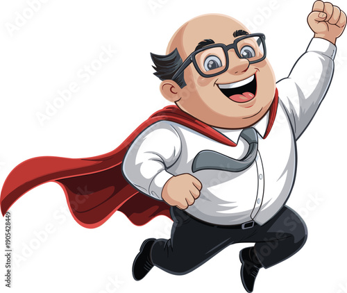 Cartoon bald businessman flying like superhero, red cape, smiling face, motivation, leadership, success, office character, isolated vector illustration