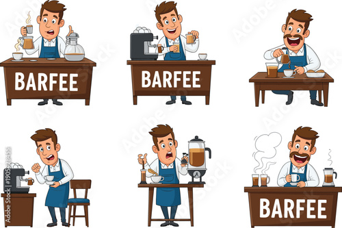 Cartoon barista making coffee, espresso, and latte at cafe bar counter, funny coffee shop character illustration with brewing and serving scene