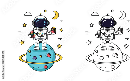 Cute astronaut holding Easter eggs on ringed planet vector illustration in color and outline style for coloring book and holiday design